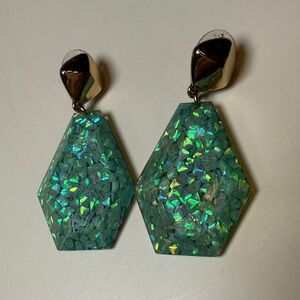 Seafoam green, iridescent glitter, geometric resin dangle earrings